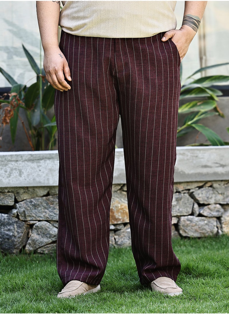 Instafab Plus Instafab Plus Men's Burgundy Red Pinstriped Chino Trousers For Casual Wear | Mid-Rise | Regular Fit | Drawstring Closure | Plus Size Trousers Crafted With Comfort Fit For Everyday Wear  - Image 2