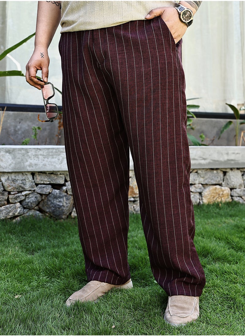 Instafab Plus Instafab Plus Men's Burgundy Red Pinstriped Chino Trousers For Casual Wear | Mid-Rise | Regular Fit | Drawstring Closure | Plus Size Trousers Crafted With Comfort Fit For Everyday Wear  - Image 1
