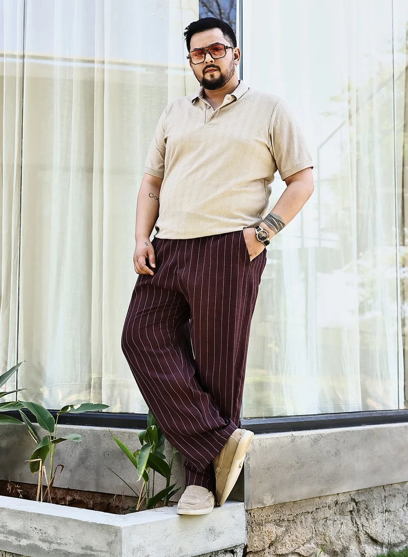 Instafab Plus Instafab Plus Men's Burgundy Red Pinstriped Chino Trousers For Casual Wear | Mid-Rise | Regular Fit | Drawstring Closure | Plus Size Trousers Crafted With Comfort Fit For Everyday Wear