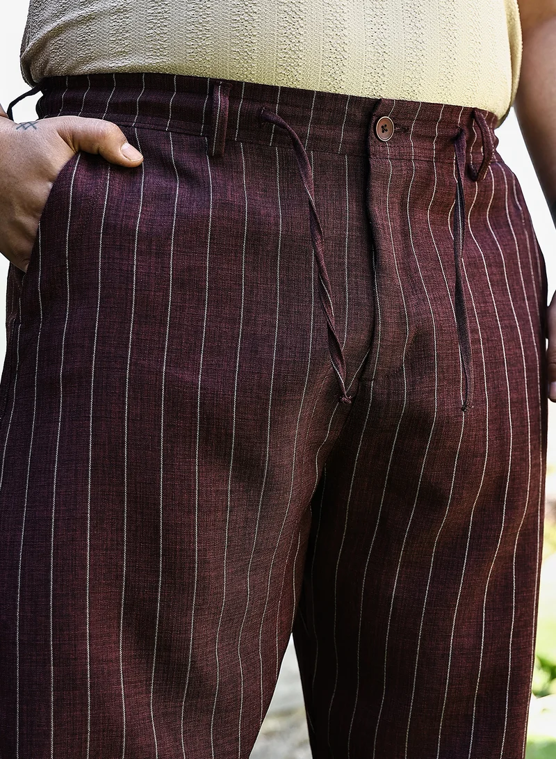 Instafab Plus Instafab Plus Men's Burgundy Red Pinstriped Chino Trousers For Casual Wear | Mid-Rise | Regular Fit | Drawstring Closure | Plus Size Trousers Crafted With Comfort Fit For Everyday Wear