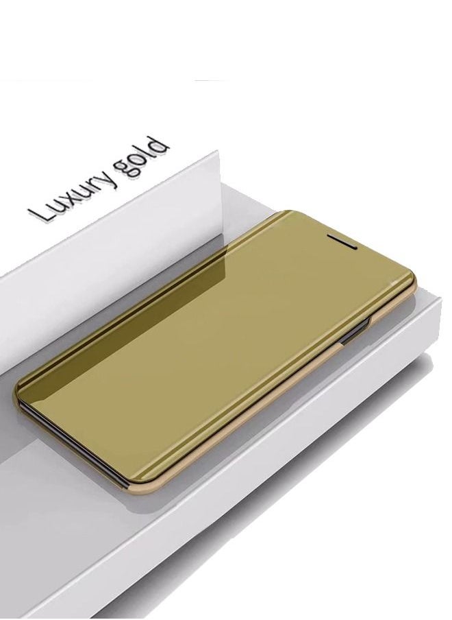 Generic - Case for Samsung Galaxy S7 Edge Case Luxury Clear View Plating Mirror Case Anti-drop Built-in Flip Cover Folding Bracket PC+PU 360 Degrees Full Body Protective Leather Cover（Gold） - Image 1