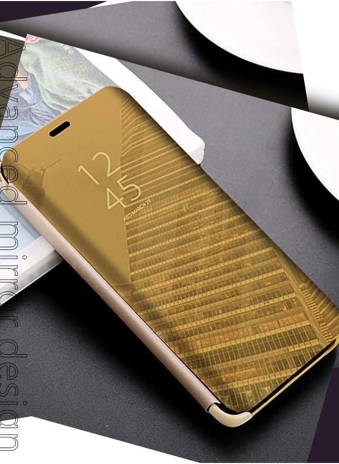 Generic - Case for Samsung Galaxy S7 Edge Case Luxury Clear View Plating Mirror Case Anti-drop Built-in Flip Cover Folding Bracket PC+PU 360 Degrees Full Body Protective Leather Cover（Gold） - Image 1