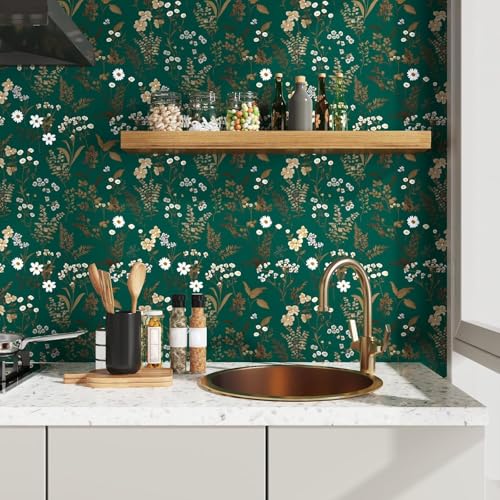 Laatse Dark Floral Wallpaper Peel and Stick 175in x393in Vintage Green Gold Leaf Wallpaper Vinyl Waterproof SelfAdhesive Boho Botanical Wall Paper Mural for Cabinet Bookcase Bedroom Decor - Image 3
