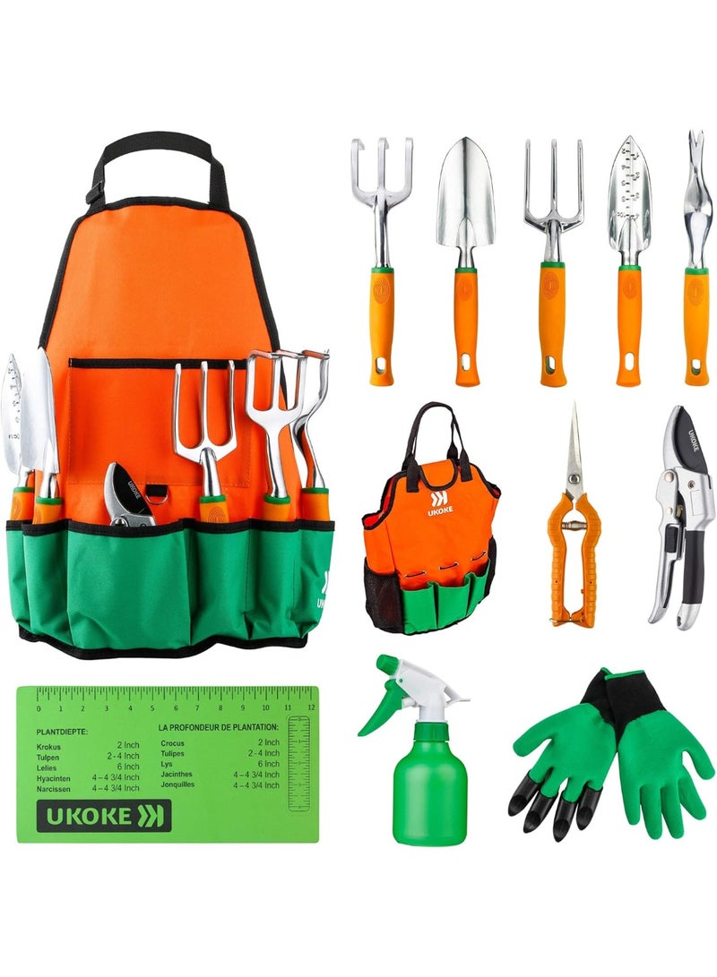 Ukoke Garden Tool Set, 12 Piece Aluminum Hand Tool Kit, Garden Canvas Apron with Storage Pocket, Outdoor Tool, Heavy Duty Gardening Work Set with Ergonomic Handle, Gardening Tools for women men - Image 1
