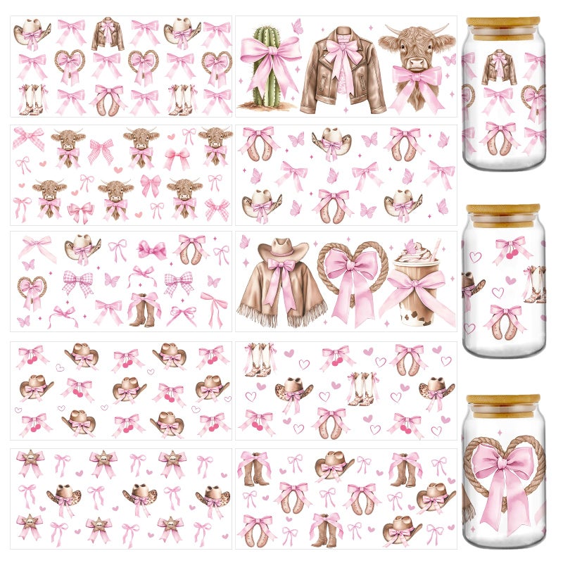 AFRITEE UV DTF Cup Wrap - 10 Sheets Pink Coquettte Bows UV DTF Cup Wraps for 16 oz Glass Water Bottle, Cute Highland Cow Cowgirl Cold Transfer Stickers DIY Tumbler Journal Decoration for Women - Image 1