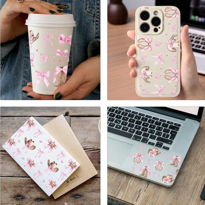 AFRITEE UV DTF Cup Wrap - 10 Sheets Pink Coquettte Bows UV DTF Cup Wraps for 16 oz Glass Water Bottle, Cute Highland Cow Cowgirl Cold Transfer Stickers DIY Tumbler Journal Decoration for Women - Image 5