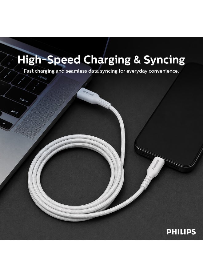 Philips 1.2m Braided USB-C to USB-C High-Speed Charging & Data Sync Cable, 480Mbps Durable Type-C Cord - White white - Image 5