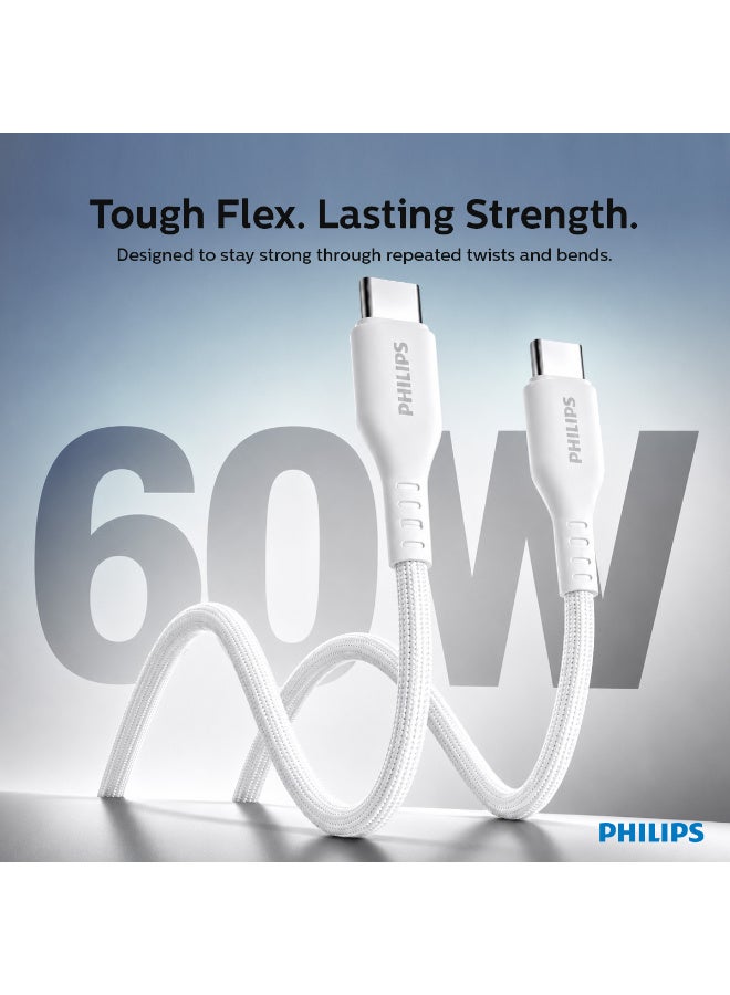 Philips 1.2m Braided USB-C to USB-C High-Speed Charging & Data Sync Cable, 480Mbps Durable Type-C Cord - White white - Image 3