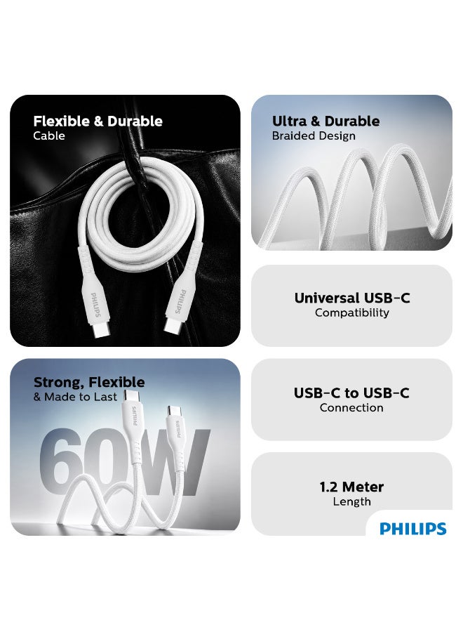 Philips 1.2m Braided USB-C to USB-C High-Speed Charging & Data Sync Cable, 480Mbps Durable Type-C Cord - White white - Image 2