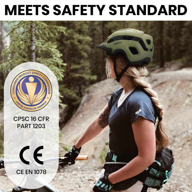 Favoto خوذة دراجة جبلية للبالغين من فافوتو - خفيفة الوزن مع شهادة CPSC وعمود معزز وغطاء قابل للفصل، خوذة دراجة MTB، قابلة للتعديل 59-61 سم للرجال والنساء، خضراء - Image 3