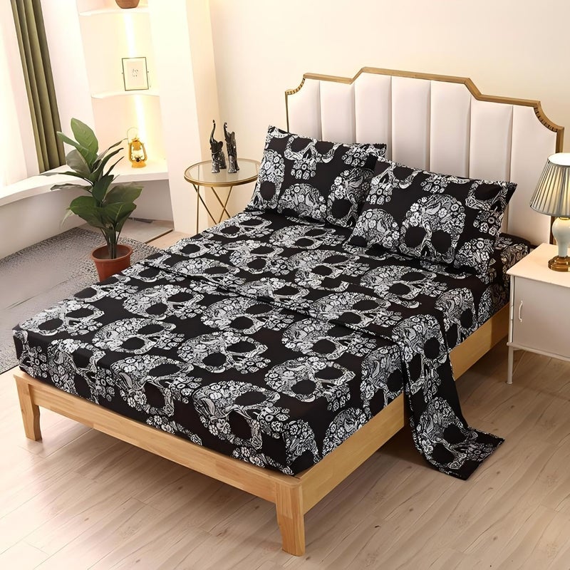 SDIII 4PCS Sugar Skull Queen Sheets Set, Soft Microfiber Gothic Sheets Queen Size Skeleton Printed, Goth Bedding Sheet Set Deep Pocket All Season - Image 1