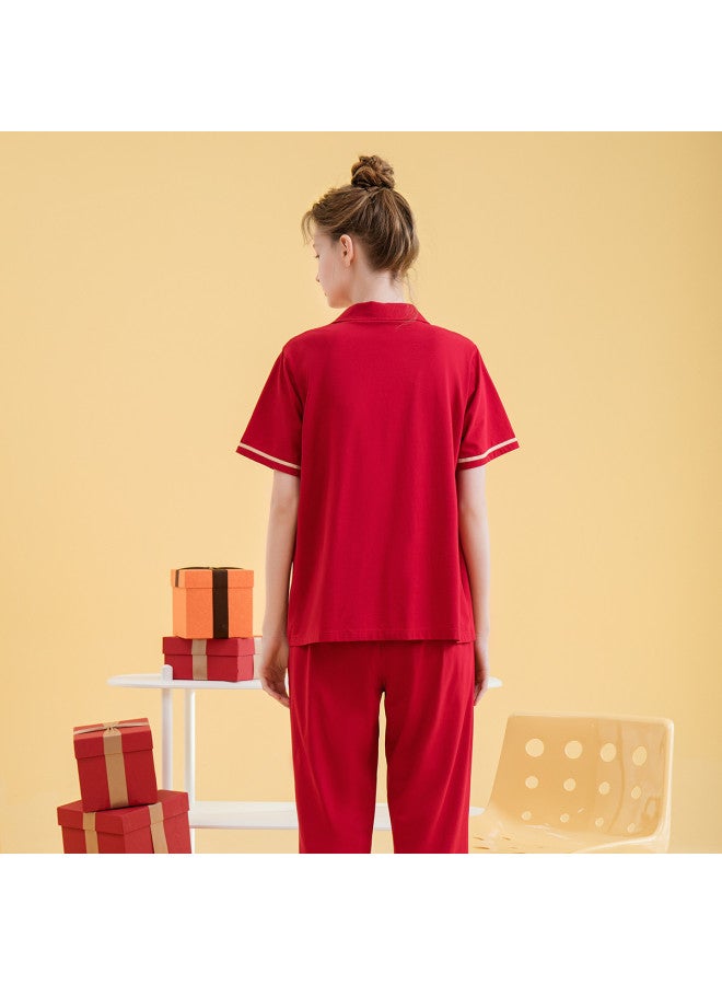 Fenton women's Pajama Set - 100% Pure Cotton Short Sleeve & Long Pants For Spring/autumn Homewear - Image 5