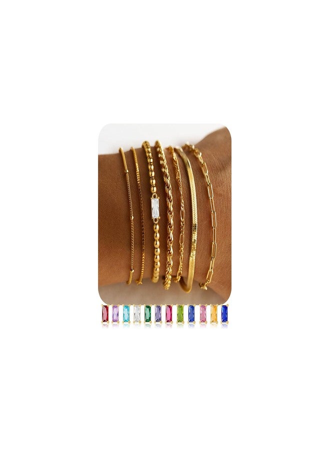 M MOOHAM Gold Bracelets for Women Non Tarnish, April Cubic Zirconia Birthstone Bracelet Dainty 14K Gold Plated Bracelet Stack Set Beaded Bracelet Stackable Strand Bracelet Jewelry Gifts for Women - Image 1