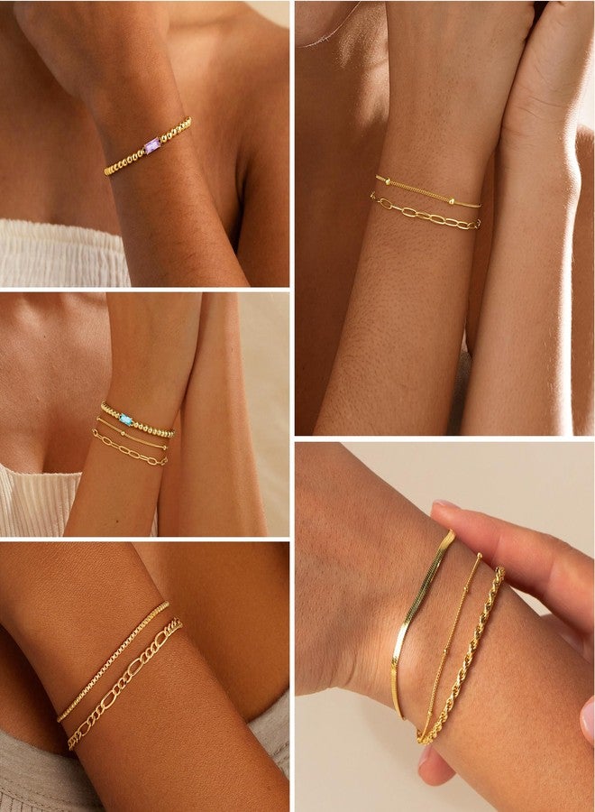 M MOOHAM Gold Bracelets for Women Non Tarnish, April Cubic Zirconia Birthstone Bracelet Dainty 14K Gold Plated Bracelet Stack Set Beaded Bracelet Stackable Strand Bracelet Jewelry Gifts for Women - Image 4