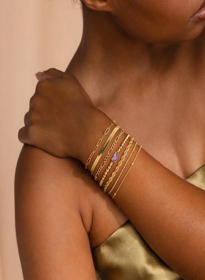 M MOOHAM Gold Bracelets for Women Non Tarnish, April Cubic Zirconia Birthstone Bracelet Dainty 14K Gold Plated Bracelet Stack Set Beaded Bracelet Stackable Strand Bracelet Jewelry Gifts for Women - Image 5