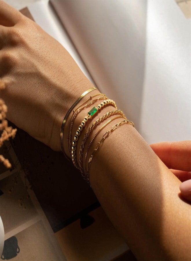 M MOOHAM Gold Bracelets for Women Non Tarnish, April Cubic Zirconia Birthstone Bracelet Dainty 14K Gold Plated Bracelet Stack Set Beaded Bracelet Stackable Strand Bracelet Jewelry Gifts for Women - Image 2