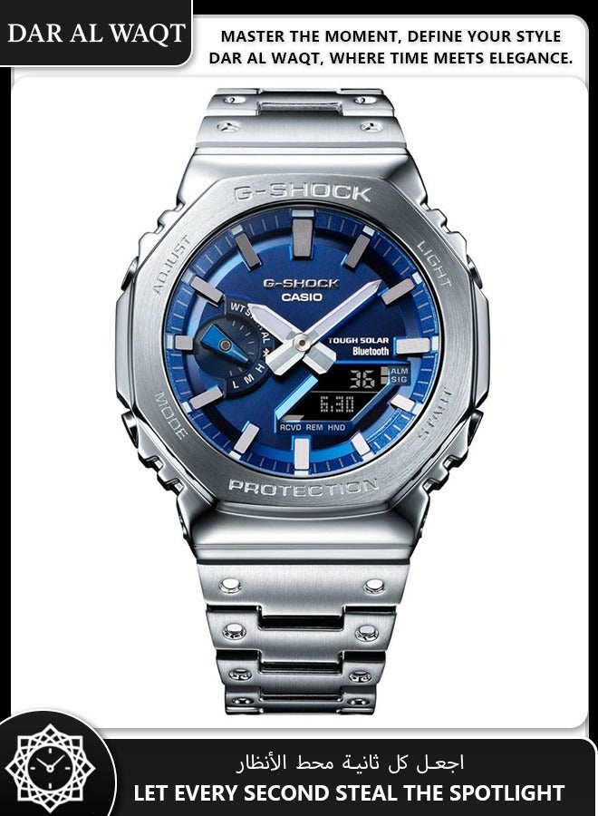 كاسيو ساعة كاسيو جي شوك GM-B2100AD-2A معدنية بالكامل - وجه أزرق لامع بطلاء تبخيري، إطار وسوار من الفولاذ المقاوم للصدأ، مقاومة الصدمات، مقاومة للماء 200 متر، ظهر علبة براغي، حماية ثلاثية من جي شوك - Image 1