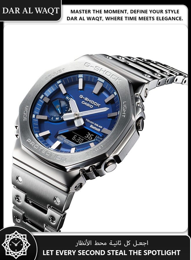 كاسيو ساعة كاسيو جي شوك GM-B2100AD-2A معدنية بالكامل - وجه أزرق لامع بطلاء تبخيري، إطار وسوار من الفولاذ المقاوم للصدأ، مقاومة الصدمات، مقاومة للماء 200 متر، ظهر علبة براغي، حماية ثلاثية من جي شوك - Image 2