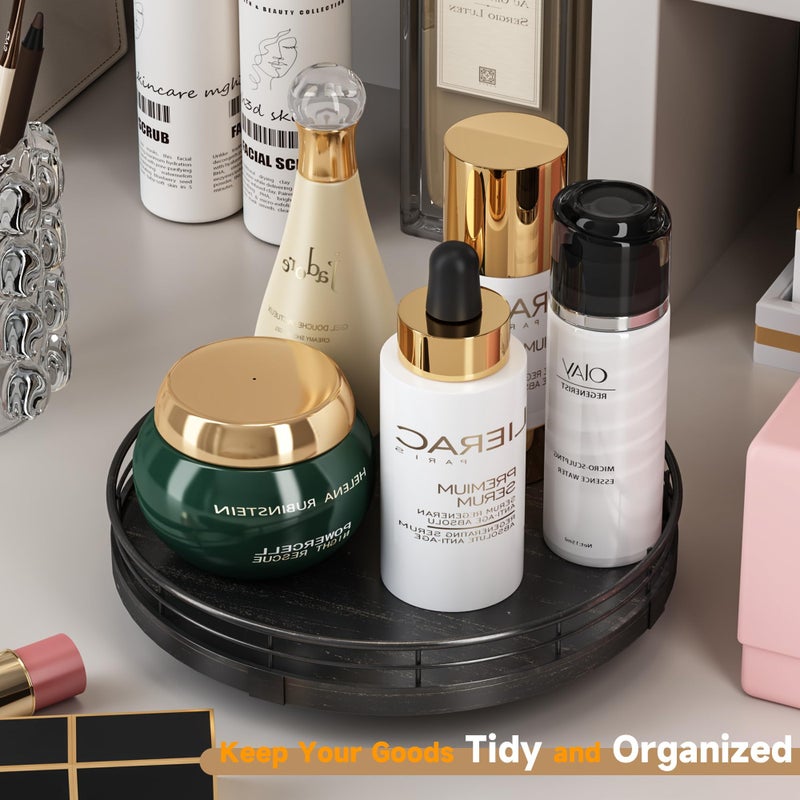 AMH 9" Oak Bathroom Vanity Tray Turntable for Perfume Candle, Round Wooden Decorative Tray for Kitchen Sink Countertop Organizer, Bathroom Counter Organizer for Skincare Makeup, Farmhouse Black Gold - Image 2