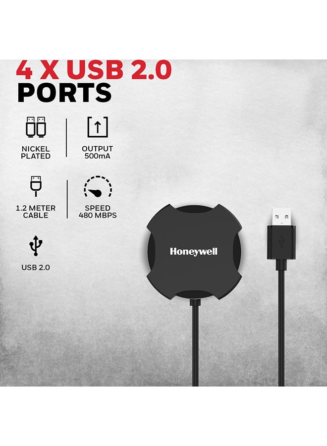 Honeywell 4In1 Ultra Slim Usb Hub 2.0 1.2Mtr Cable With A Transfer Speed Of 480Mbps Universally Compatible With All Usb Pc Speaker Laptop Hard Drive Keyboard Printer Pen Drive Black Black - Image 2