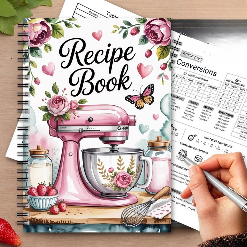 دفتر وصفات المطبخ الرجعي A5، مجلد حلزوني، مخطط طبخ زهري، 50 ورقة - Image 3
