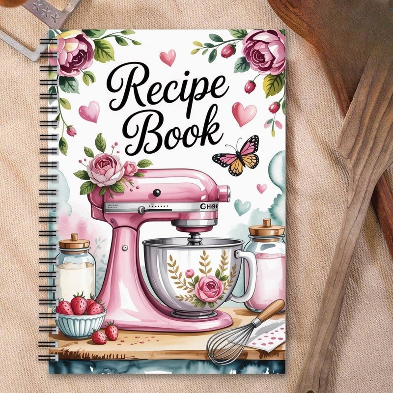 دفتر وصفات المطبخ الرجعي A5، مجلد حلزوني، مخطط طبخ زهري، 50 ورقة - Image 4