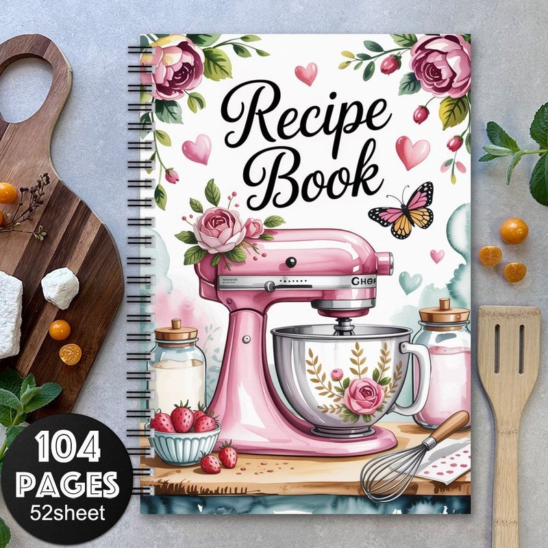دفتر وصفات المطبخ الرجعي A5، مجلد حلزوني، مخطط طبخ زهري، 50 ورقة - Image 1