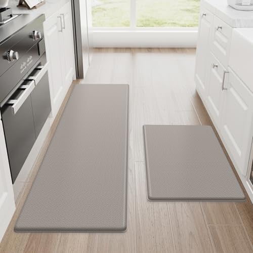 StepRite Kitchen Mats, 2PCS Kitchen Rugs, Cushioned Anti Fatigue Kitchen Mats for Floor, Non-Slip Standing Desk Mat, Waterproof Kitchen Rug Set for Kitchen, Floor, Office, 17.3"x30"+17.3"x47", Khaki - Image 1