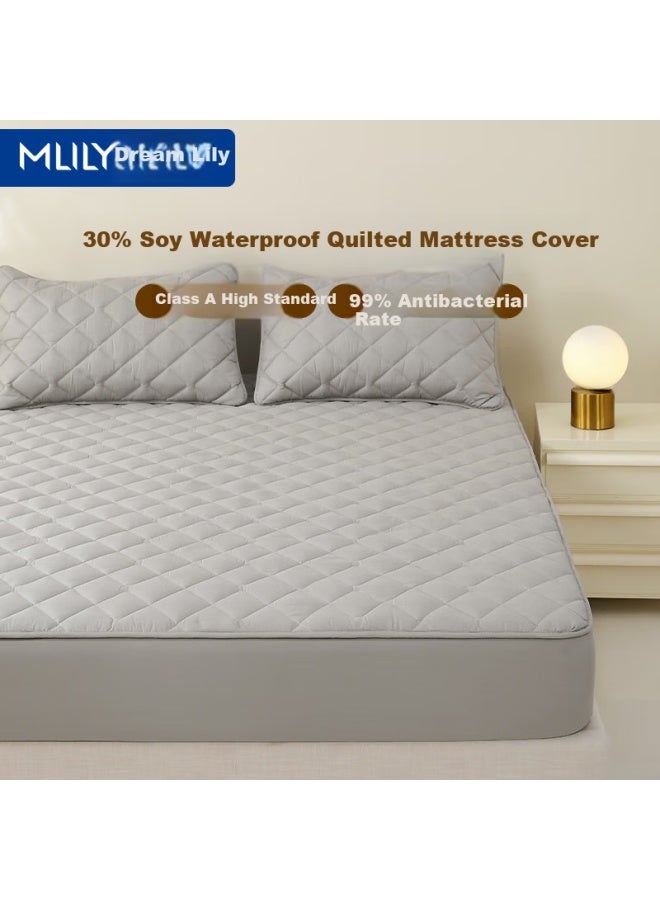 Mlily Antibacterial Waterproof Fitted Sheet, 30% Soybean A-type Quilted Fitted Sheet, Mattress Protector For 1.5m Bed, Soft Light Gray - Image 3