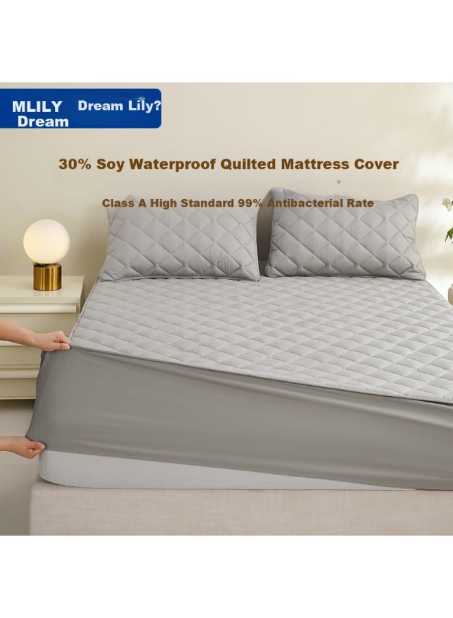 Mlily Antibacterial Waterproof Fitted Sheet, 30% Soybean A-type Quilted Fitted Sheet, Mattress Protector For 1.5m Bed, Soft Light Gray - Image 1