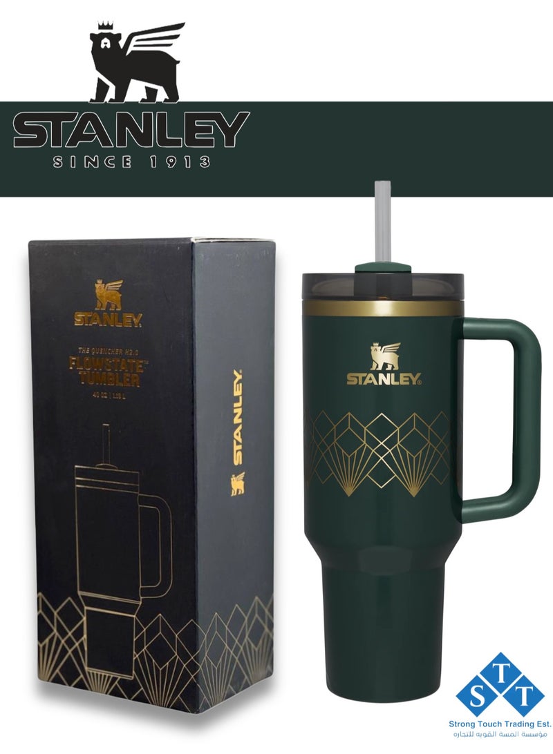 Stanley Officel  Stanley Quencher H2.O FlowState™ Tumbler Green Gloss Deco 40 oz with Handle and Straw  | Flowstate 3-Position Lid | Cup Holder Compatible for Travel | Insulated Stainless Steel Cup | BPA-Free | for Water, Iced Tea or Coffee, Smoothie and More (Green Gloss Deco 1.18L)  - Image 1