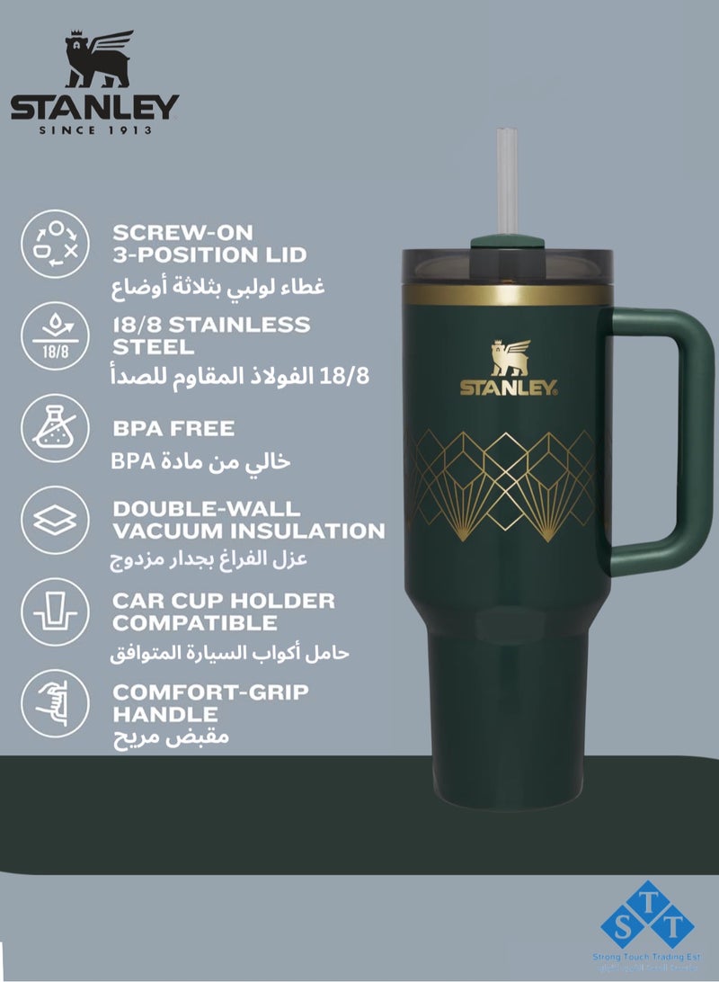 Stanley Officel  Stanley Quencher H2.O FlowState™ Tumbler Green Gloss Deco 40 oz with Handle and Straw  | Flowstate 3-Position Lid | Cup Holder Compatible for Travel | Insulated Stainless Steel Cup | BPA-Free | for Water, Iced Tea or Coffee, Smoothie and More (Green Gloss Deco 1.18L)  - Image 2