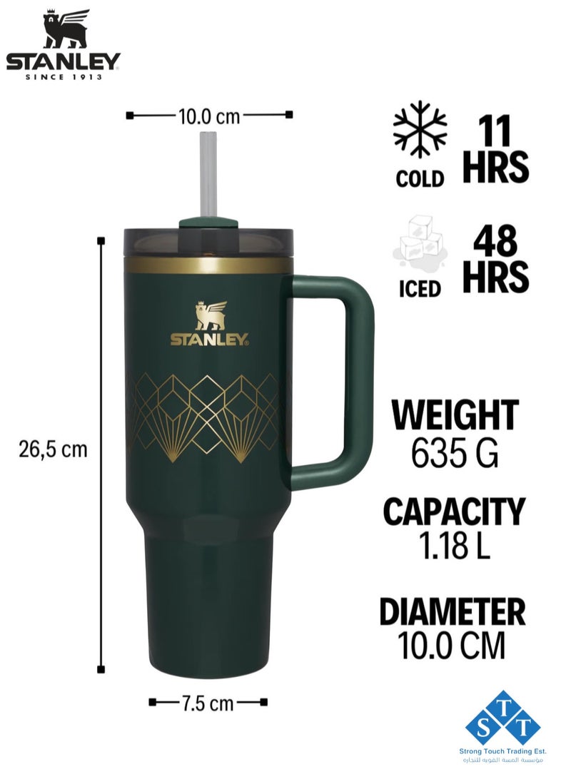 Stanley Officel  Stanley Quencher H2.O FlowState™ Tumbler Green Gloss Deco 40 oz with Handle and Straw  | Flowstate 3-Position Lid | Cup Holder Compatible for Travel | Insulated Stainless Steel Cup | BPA-Free | for Water, Iced Tea or Coffee, Smoothie and More (Green Gloss Deco 1.18L)  - Image 3