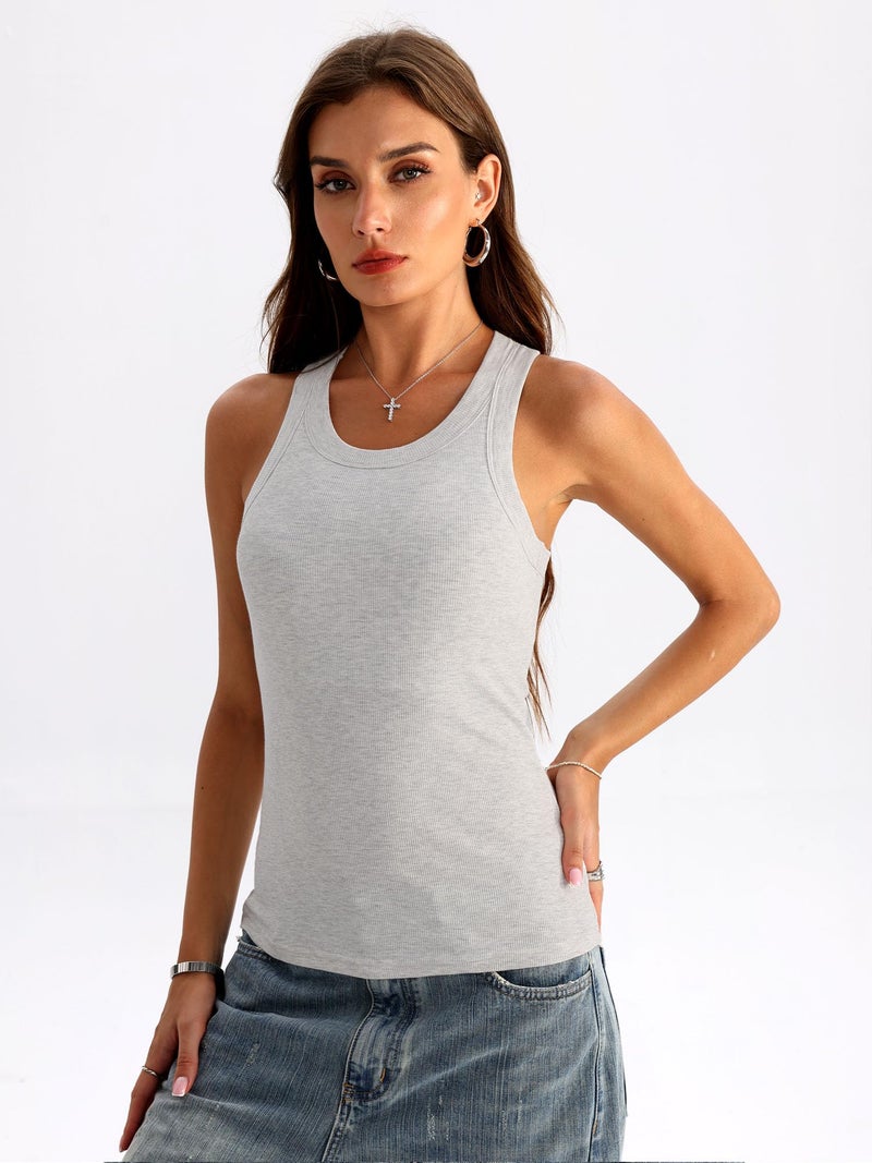 Danysu Workout Tank Tops for Women with Built in Bra High Neck Sleeveless Padded Ribbed Athletic Outfits Tops Ash White Small - Image 2
