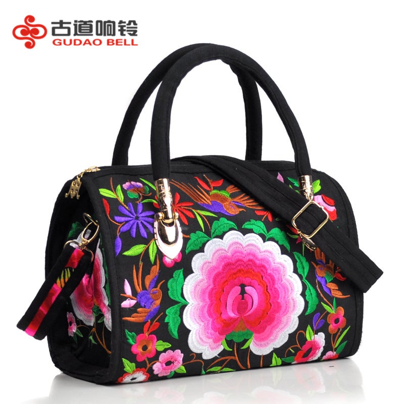 Ethnic-style Embroidered Portable Crossbody Dual-purpose Drum Bag Canvas Embroidered Floral Cloth Bag Travel Shoulder Portable Women's Bag Single peony Blue - Image 3
