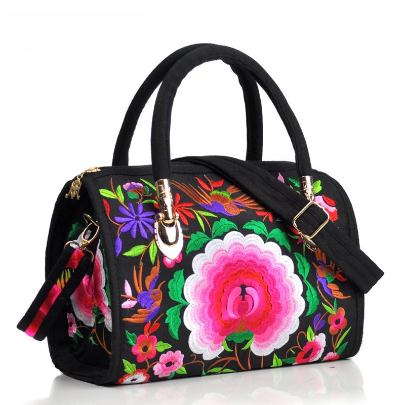 Ethnic-style Embroidered Portable Crossbody Dual-purpose Drum Bag Canvas Embroidered Floral Cloth Bag Travel Shoulder Portable Women's Bag Single peony Blue - Image 5