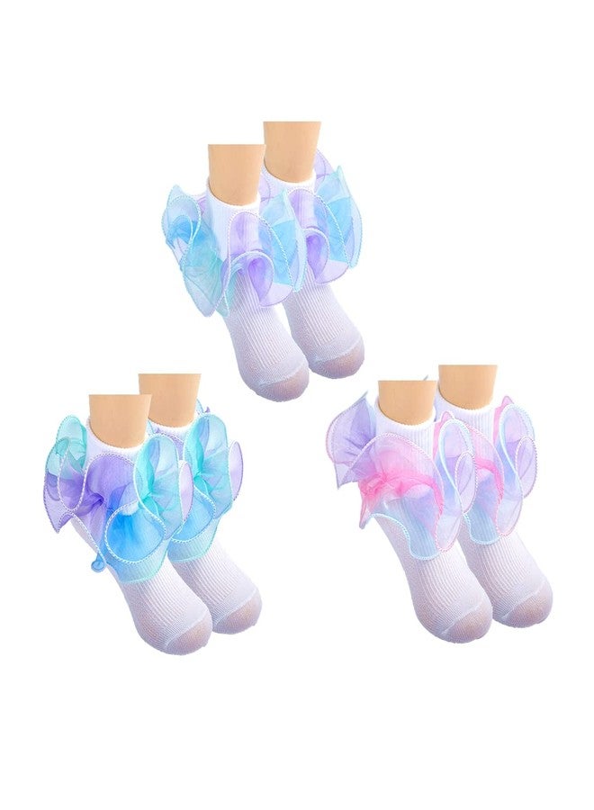 Hopply Toddler Girls Double Lace Socks Turn Cuff Shimmering Big Ruffle Rainbow Style Dress Lace Socks for Infant Kids, Blue, 4-6 Years - Image 1