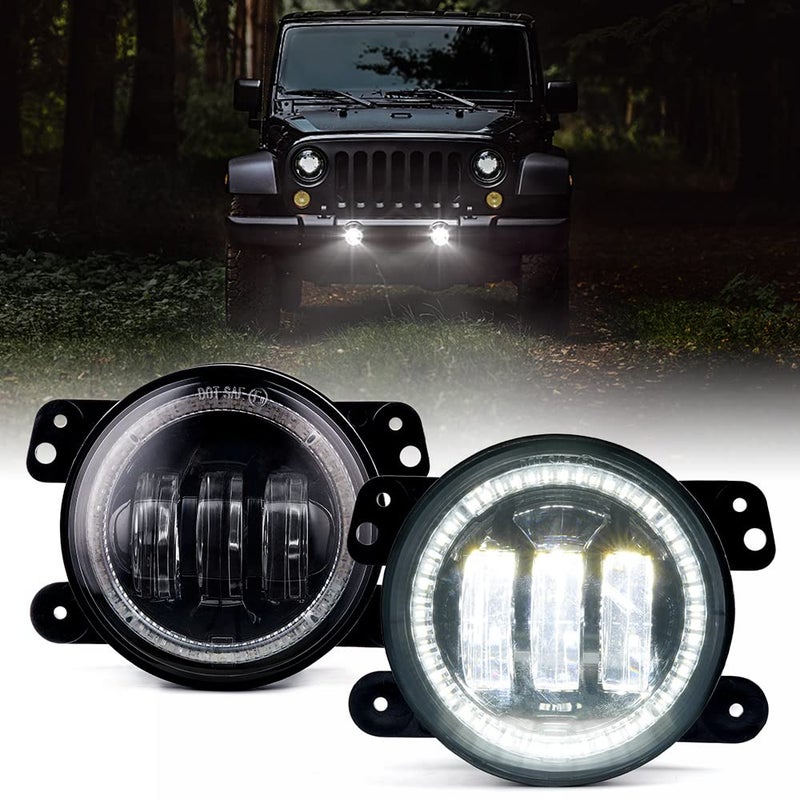 Xprite 4Inch LED Fog Lights with White Halo Ring Angle Eye DRL 60W Super Bright Front Bumper Fog Lamps Plug N Play Replacement Compatible with 20072018 Jeep Wrangler Unlimited JK DOT Approved