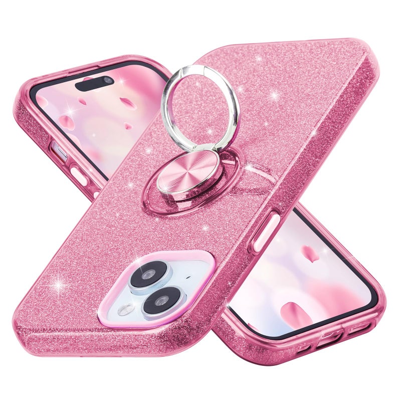 Wisdompro Case for iPhone 15, for iPhone 14, for iPhone 13, Cute Glitter Bling Sparkle Protective Case with Ring Kickstand, Women Girls Phone Case for 6.1 Inch iPhone 15/14/13 - Pink - Image 1