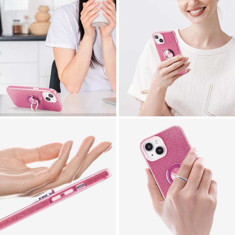 Wisdompro Case for iPhone 15, for iPhone 14, for iPhone 13, Cute Glitter Bling Sparkle Protective Case with Ring Kickstand, Women Girls Phone Case for 6.1 Inch iPhone 15/14/13 - Pink - Image 5