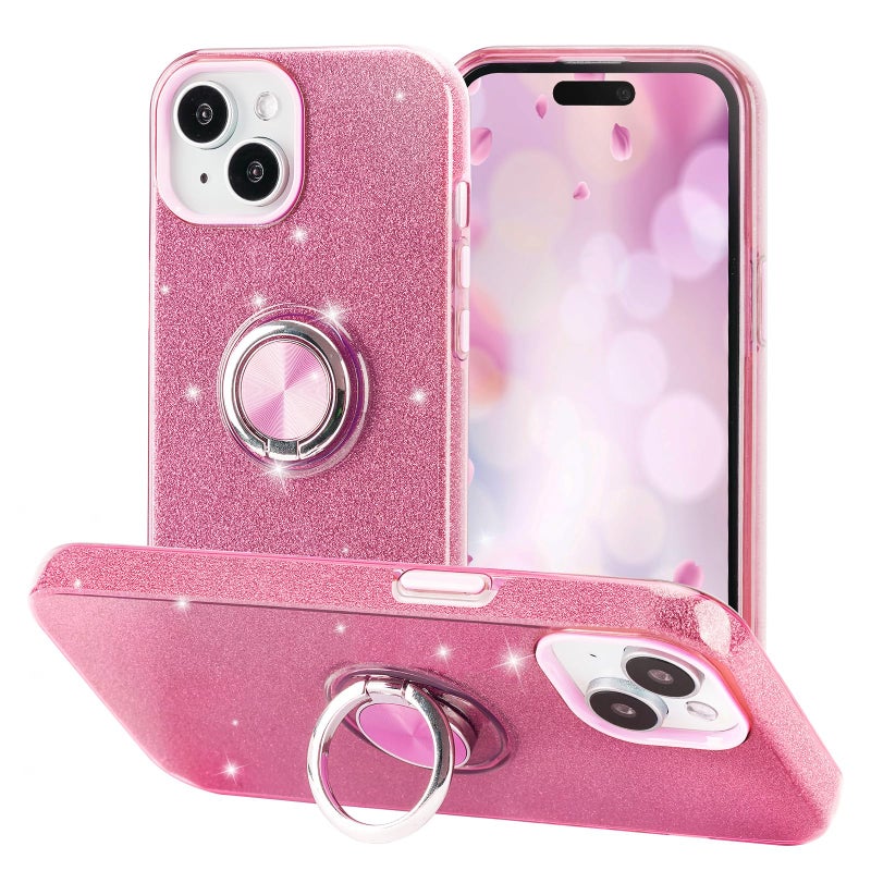 Wisdompro Case for iPhone 15, for iPhone 14, for iPhone 13, Cute Glitter Bling Sparkle Protective Case with Ring Kickstand, Women Girls Phone Case for 6.1 Inch iPhone 15/14/13 - Pink - Image 2