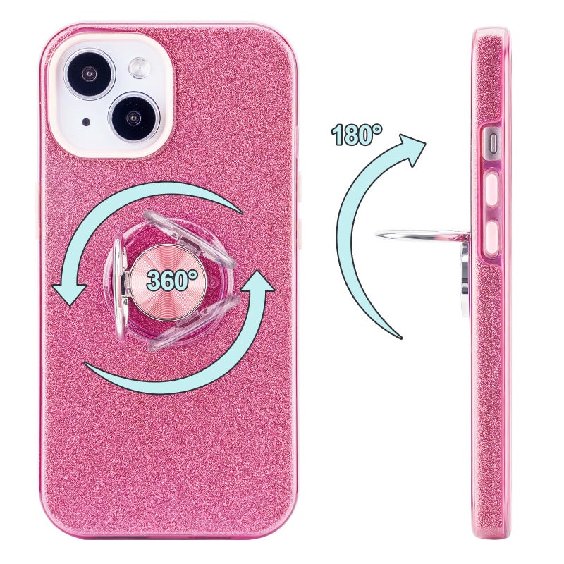 Wisdompro Case for iPhone 15, for iPhone 14, for iPhone 13, Cute Glitter Bling Sparkle Protective Case with Ring Kickstand, Women Girls Phone Case for 6.1 Inch iPhone 15/14/13 - Pink - Image 4
