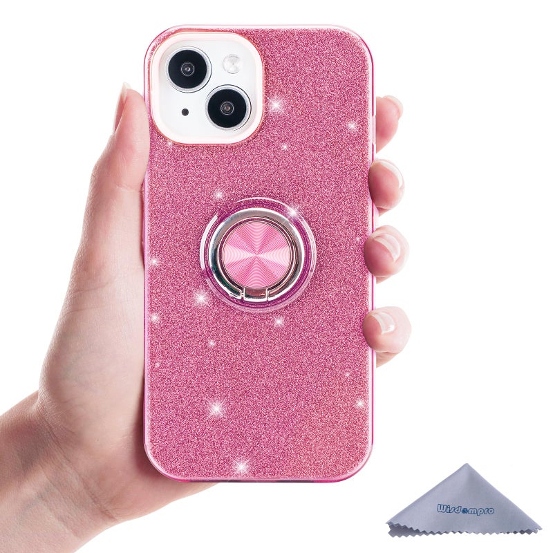 Wisdompro Case for iPhone 15, for iPhone 14, for iPhone 13, Cute Glitter Bling Sparkle Protective Case with Ring Kickstand, Women Girls Phone Case for 6.1 Inch iPhone 15/14/13 - Pink - Image 3