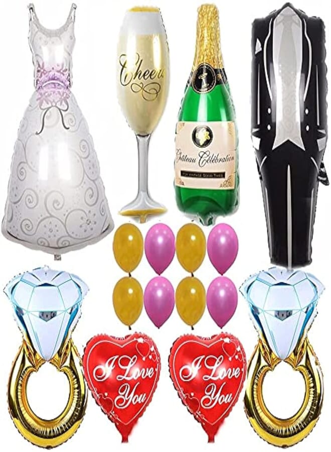 Secret 40inch Groom Bride Wedding Dress Foil Balloon Party Decoration Marriage with 30inch Diamond Ring and 18inch I Love You Heart