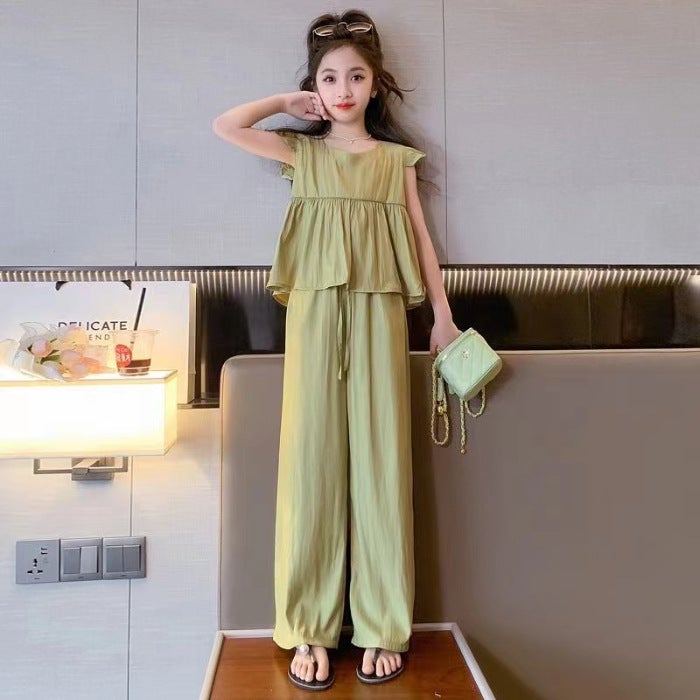 Girls Summer Korean Icy Sleeve Top and Wide Leg Pants Set Green