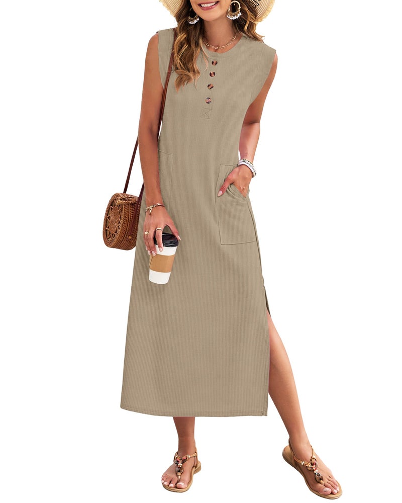 MISFAY Women's Summer Maxi Dress 2026 Waffle Knit Sleeveless Button Down Casual Loose Long Beach Sundress Travel Vacation Outfits(Khaki,M) - Image 1