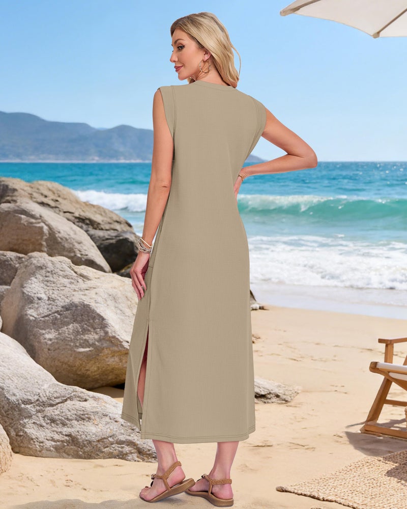 MISFAY Women's Summer Maxi Dress 2026 Waffle Knit Sleeveless Button Down Casual Loose Long Beach Sundress Travel Vacation Outfits(Khaki,M) - Image 3
