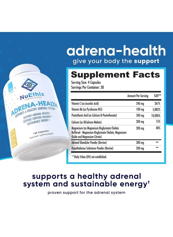 نو إيثيكس فورميلاشنز - مكمل غذائي Adrena-Health من NuEthix Formulas، يدعم صحة الكورتيزول، مستويات الطاقة، تعديل الحالة المزاجية، مكملات دعم الغدة الكظرية للنساء والرجال، مكمل للتعب - 120 كبسولة - Image 1