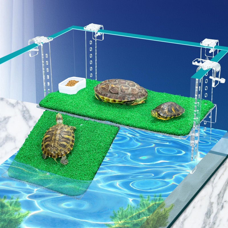 BINANO Turtle Basking Platform with Artificial Grass Adjustable Ramp NonSlip Large Dock for Aquatic Turtles Fits 031211 Thick Tanks Durable Acrylic Turtle Tank Accessories 15 Inch - Image 2