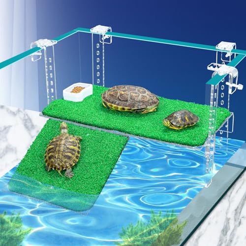 BINANO Turtle Basking Platform with Artificial Grass Adjustable Ramp NonSlip Large Dock for Aquatic Turtles Fits 031211 Thick Tanks Durable Acrylic Turtle Tank Accessories 15 Inch - Image 1